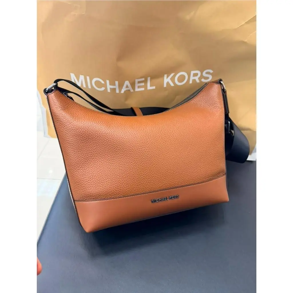 Michael Kors Cooper Pebbled Leather Soft Crescent Bag Luggage Men Crossbody
