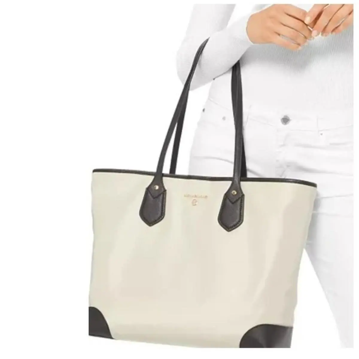 Michael Kors Large Tote Bag Eva Nylon Gabardine Purse Light Sand Black