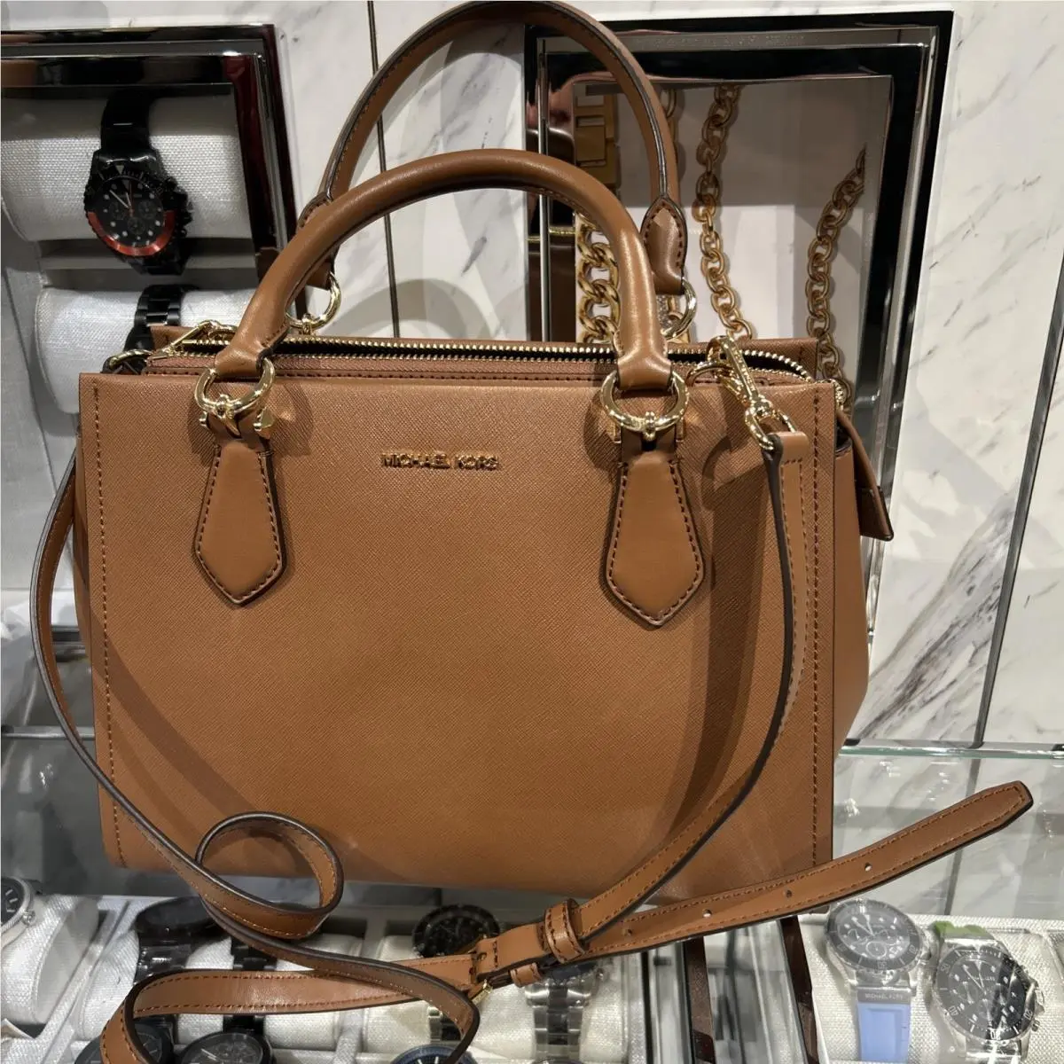 Michael Kors MK Marilyn Medium Satchel Shoulder Bag Brown Luggage Leather Gold