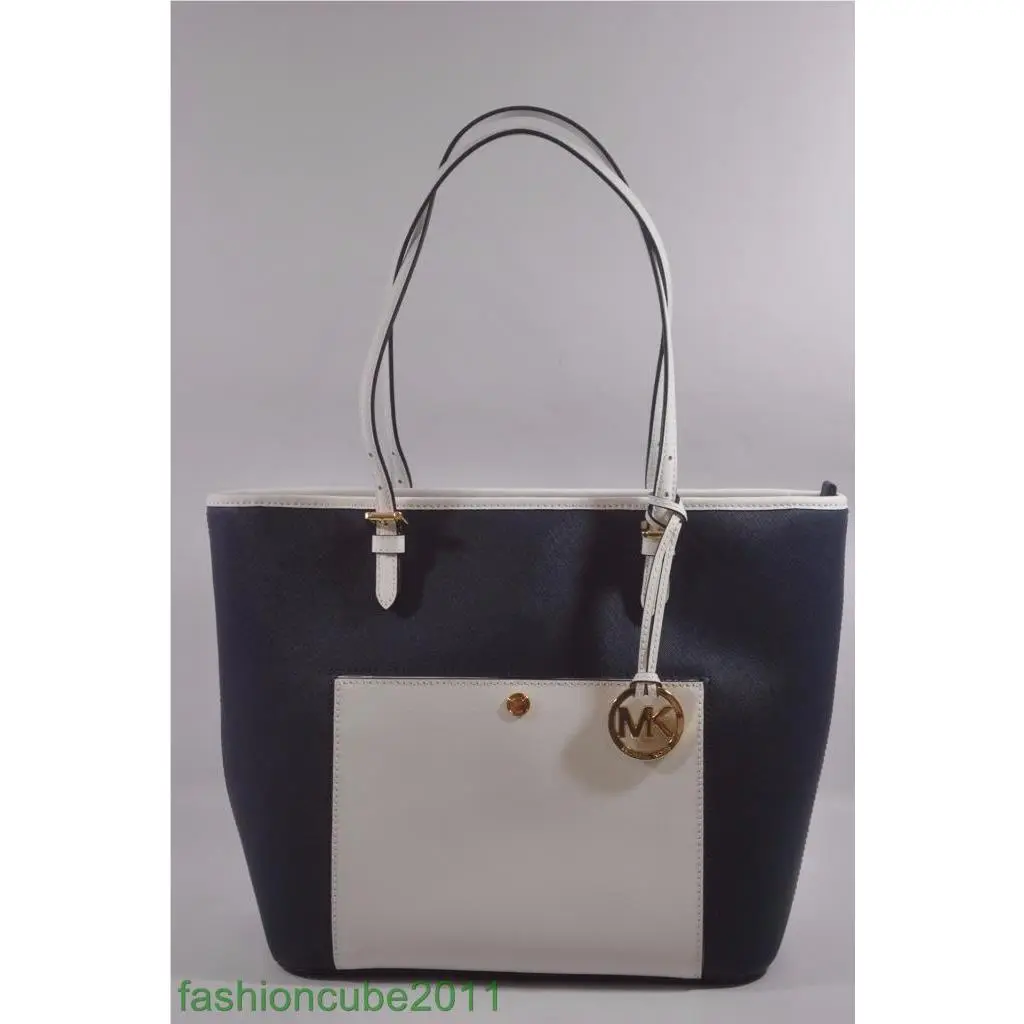 Kors Jet Set Item Leather Large Snap Pocket Tote- Navy/white