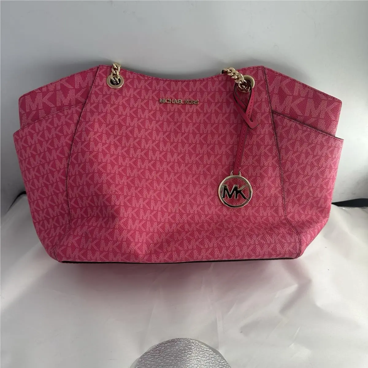 Michael Kors Jet Set Pink East West Medium Top Zip Signature Logo Leather Tote