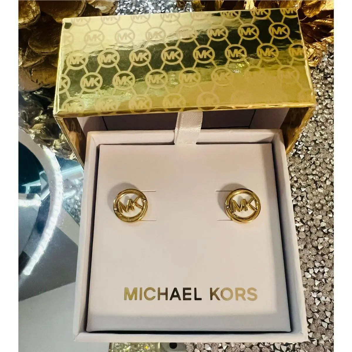 Michael Kors MK Logo Yellow Gold Tone Stud Earrings MK Logo Crystals MKJX7865710