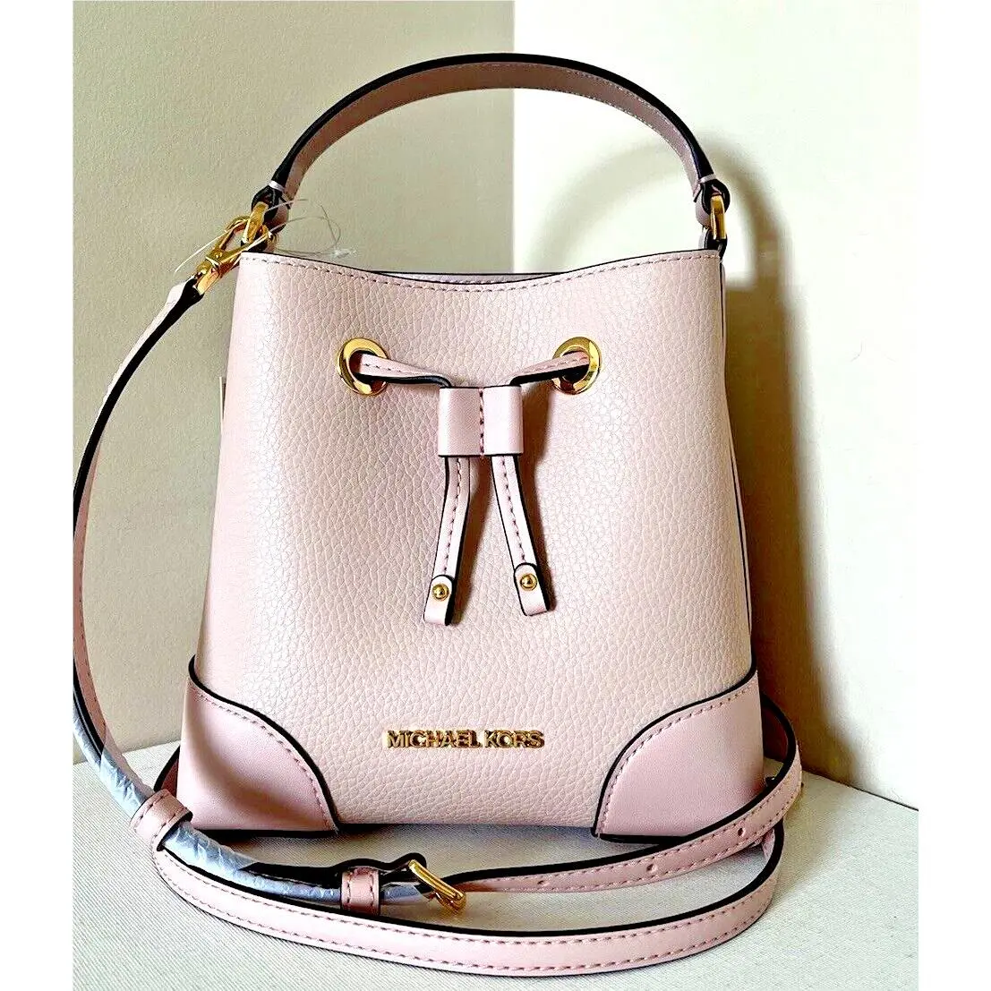 Michael Kors Mercer Small Drawstring Leather Bucket Bag Powder Blush Dustbag