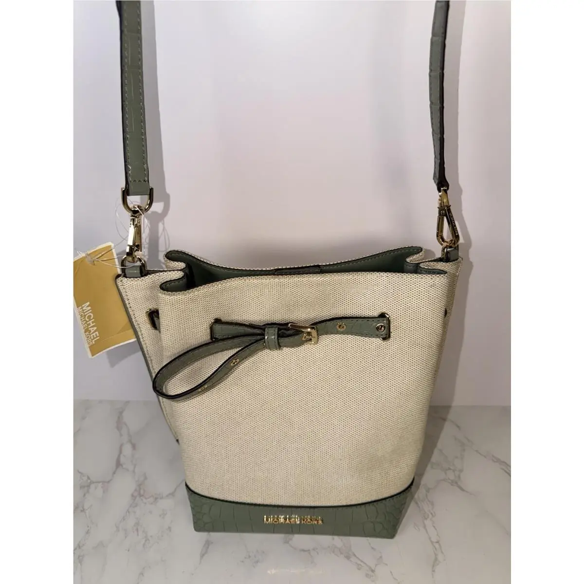 Michael Kors Emilia Bucket Bag Sage Green Messenger Crossbody Tweed/leather