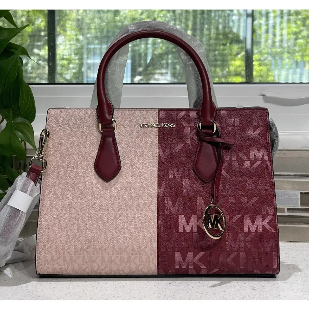 Michael Kors Sheila Medium Satchel Shoulder Bag Purse MK Two-tone Pink Cherry