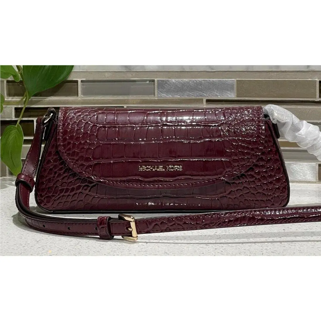 Michael Kors Katya Medium Flap Crossbody Bag Oxblood Merlot Croc Patent Leather