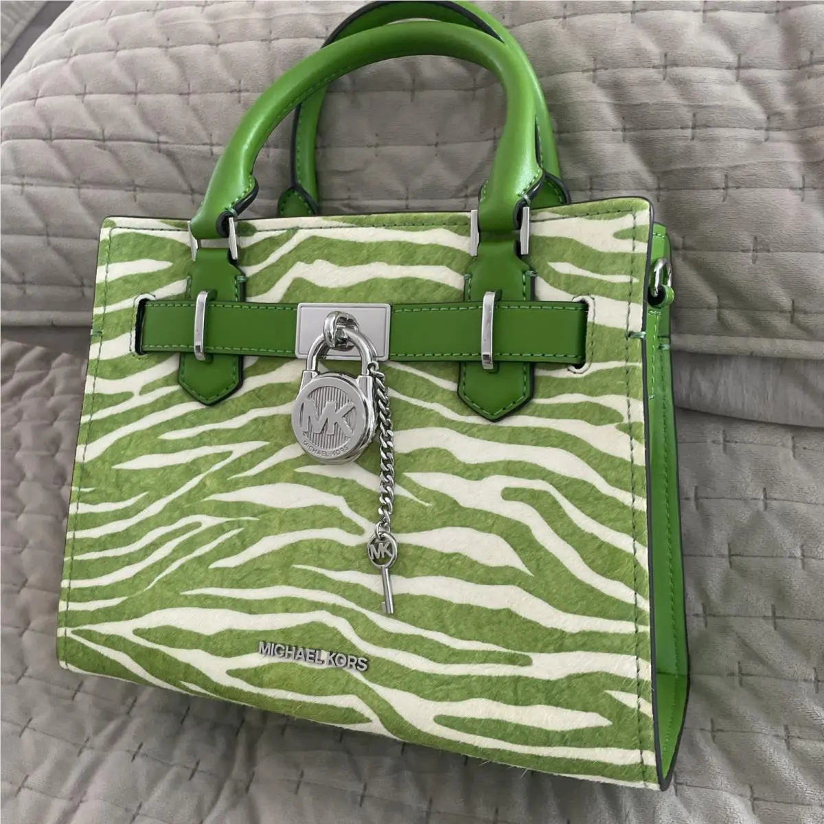 Michael Kors Hamilton Zebra Print Calf Hair Satchel Small Jungle Green