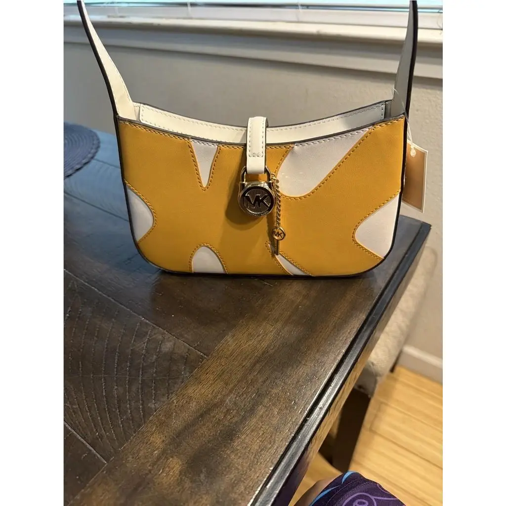 Michael Kors Hamilton Small Logo Applique Leather Shoulder Bag in Marigold/white
