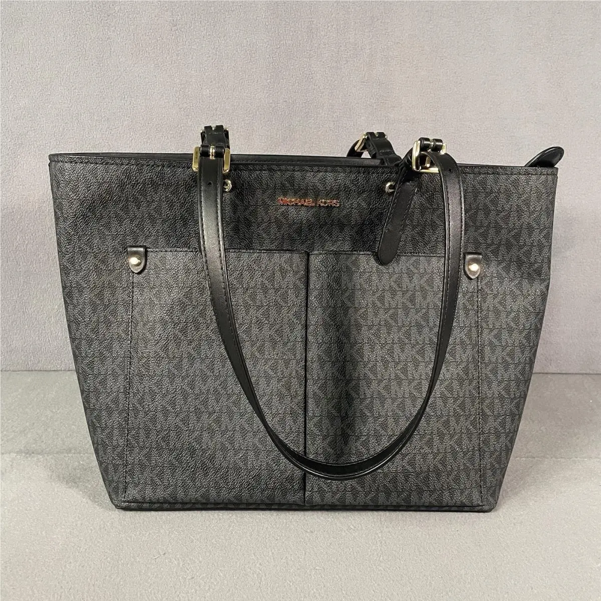 Michael Kors Jet Set Black Gray Logo Medium Pocket Tote Handbag Purse