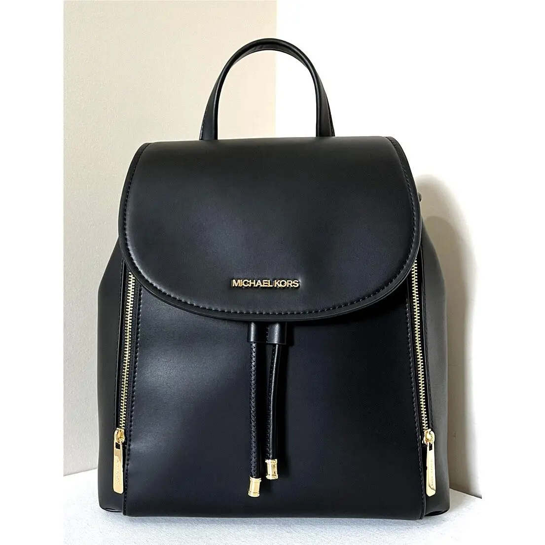 Michael Kors Phoebe Medium Flap Drawstring Backpack Black with Dust Bag