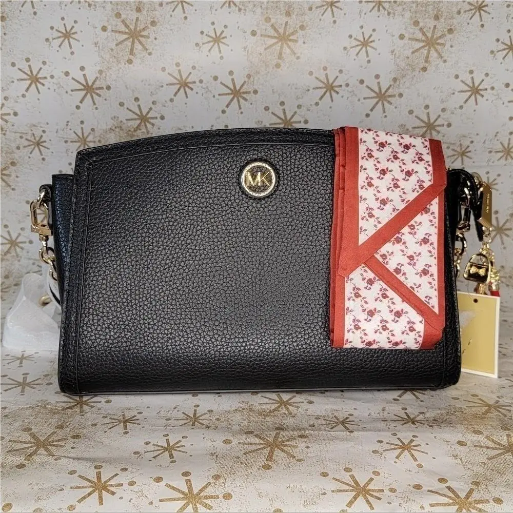 Michael Kors Crossbody Black Leather Bag Scarf and Charm