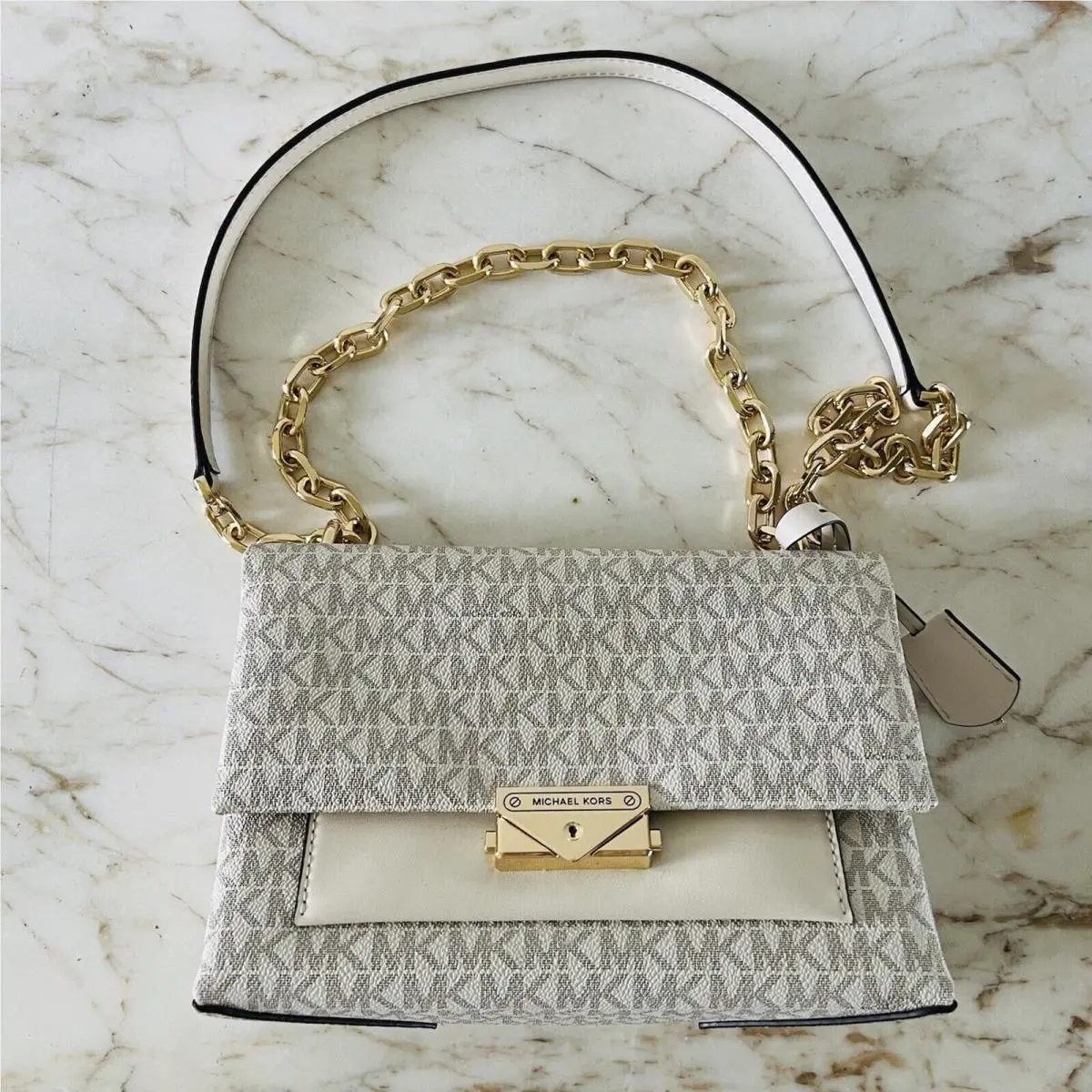 Michael Kors Cece Light Cream Multi Leather Medium Flap Pocket Shoulder Bag