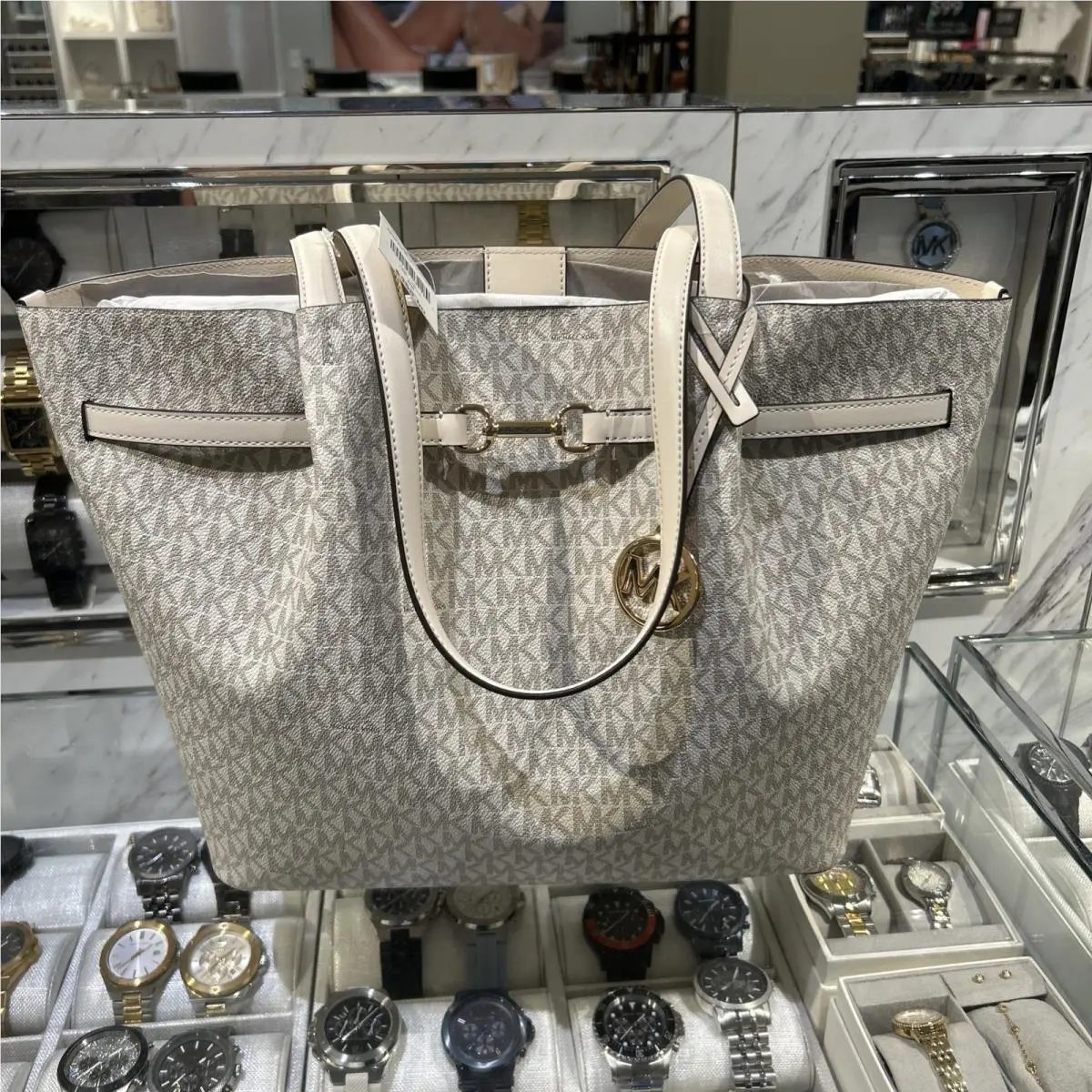 Carson Large Signature Logo Tote Bag Light Cream MK by Michael Kors