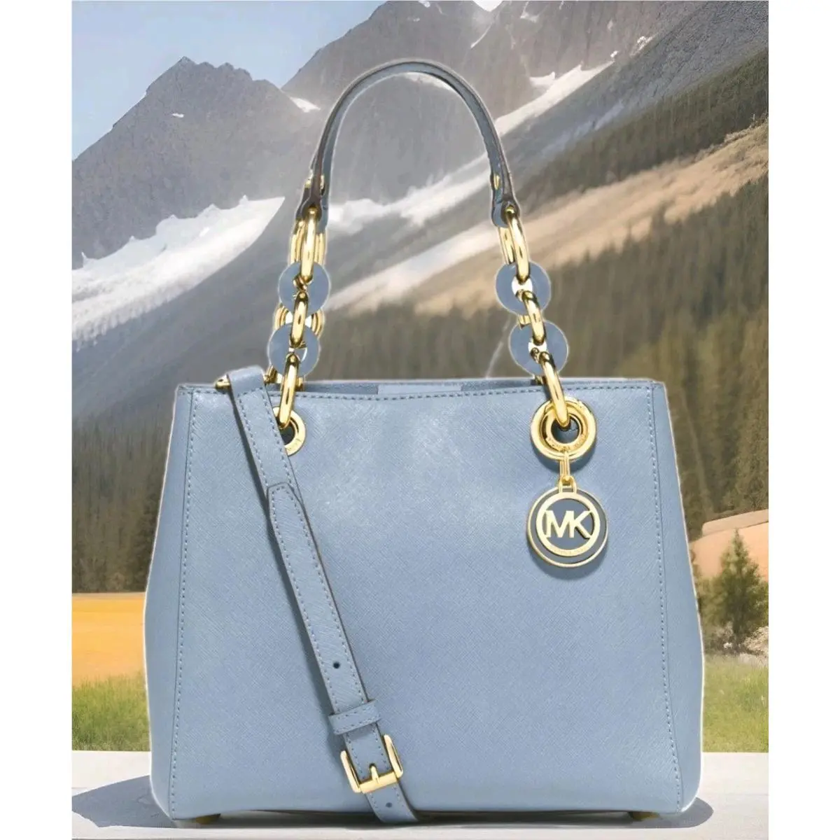 Michael Kors Cynthia Pale Blue Saffiano Leather Crossbody Satchel Bag