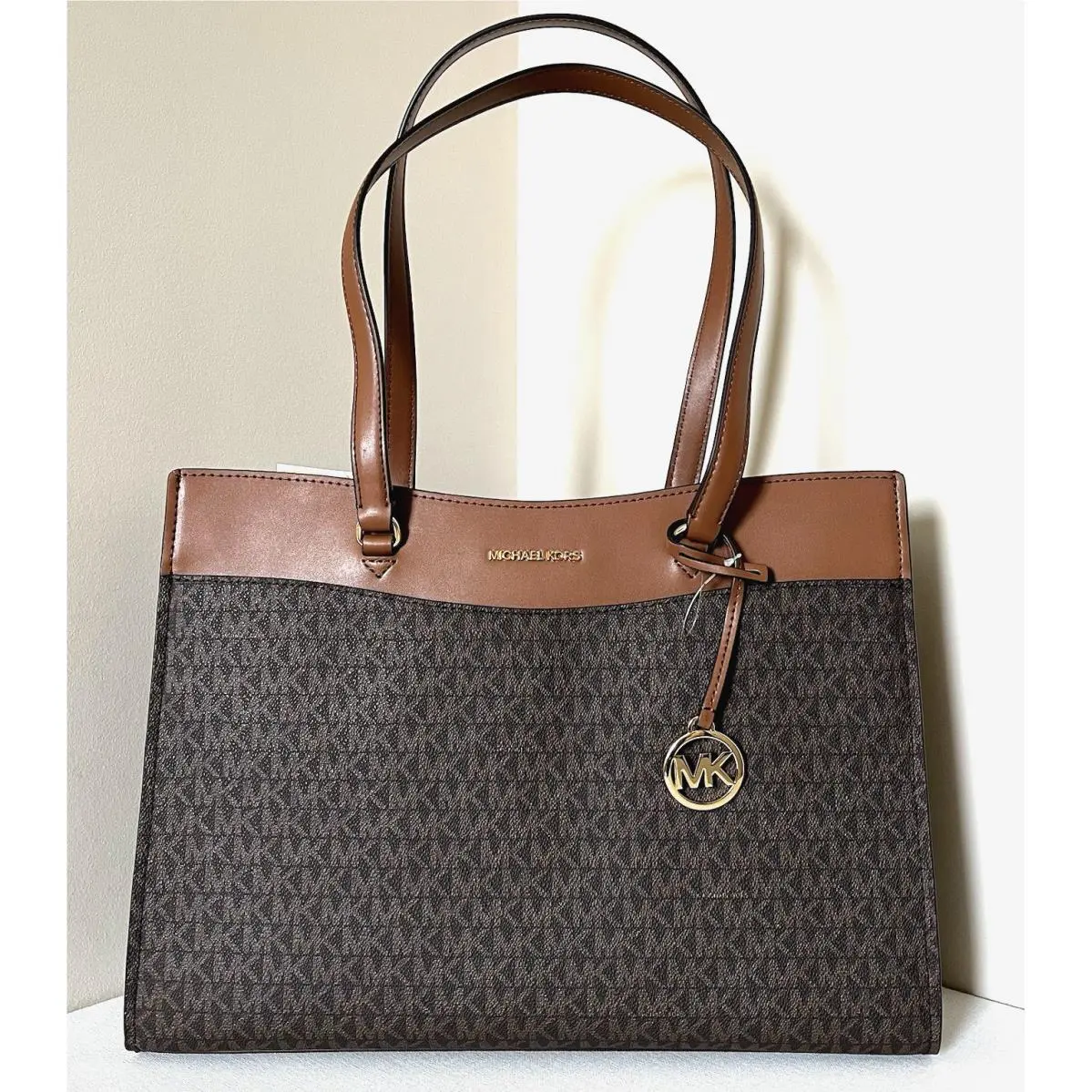 Michael Kors Jet Set Travel Large Signature Logo Pocket Tote Brown Multi