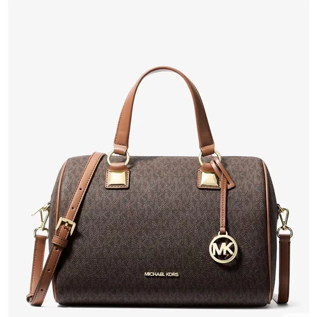 Michael Kors Grayson Medium Signature Logo Duffel Bag Brown Gold Hardware