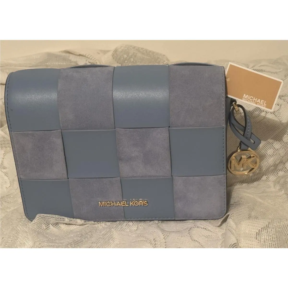 Michael Kors Mercer Small Woven Crossbody Bag Clutch Blue Leather Suede