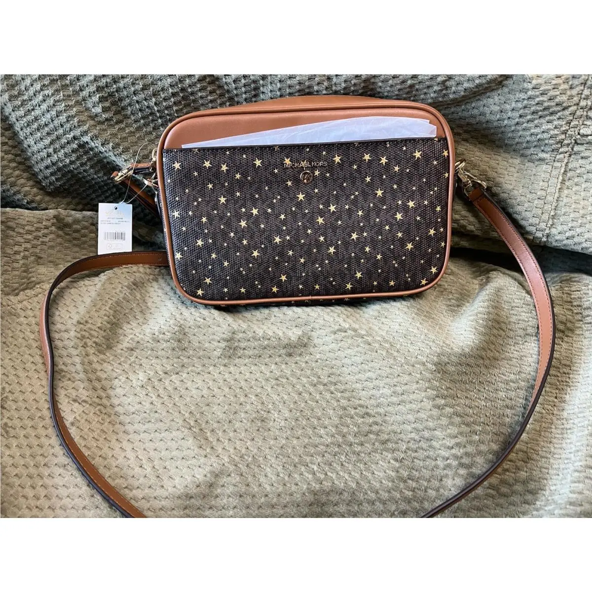 Michael Kors Jet Set Charm Crossbody Leather Bag Purse Brown w/ Gold Stars