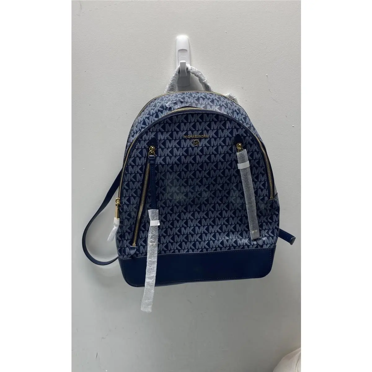 Michael Kors Navy Monogram Brooklyn Large Backpack Bag Gold Hardware