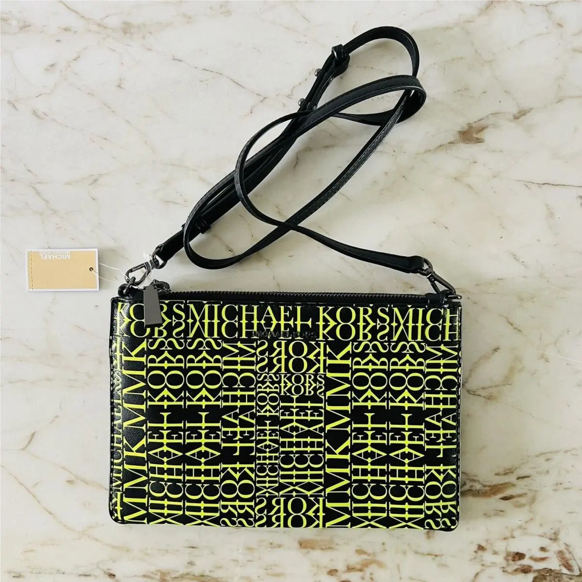 Michael Kors Black Neon Yellow Leather Double Pouch Crossbody Bag