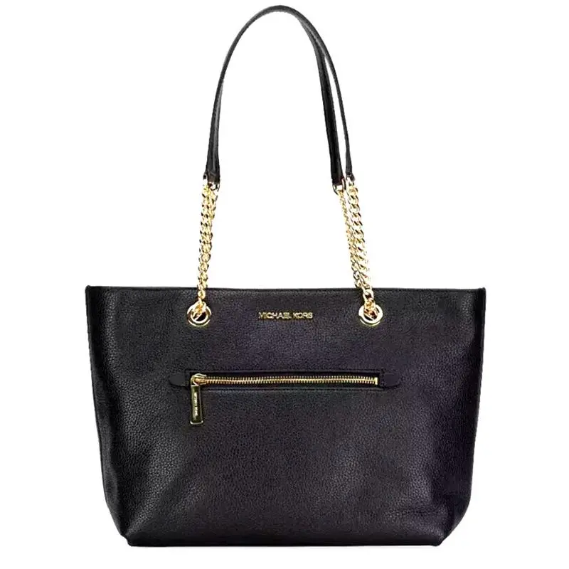 Jet Set Medium Front Zip Chain Tote Pebble Leather Black by Michael Kors