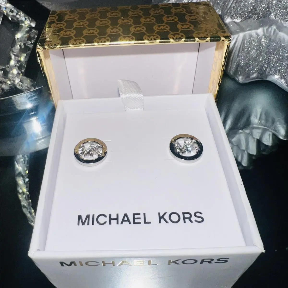 Michael Kors Silver-tone Crystal Pave` Monogram Stud Earrings
