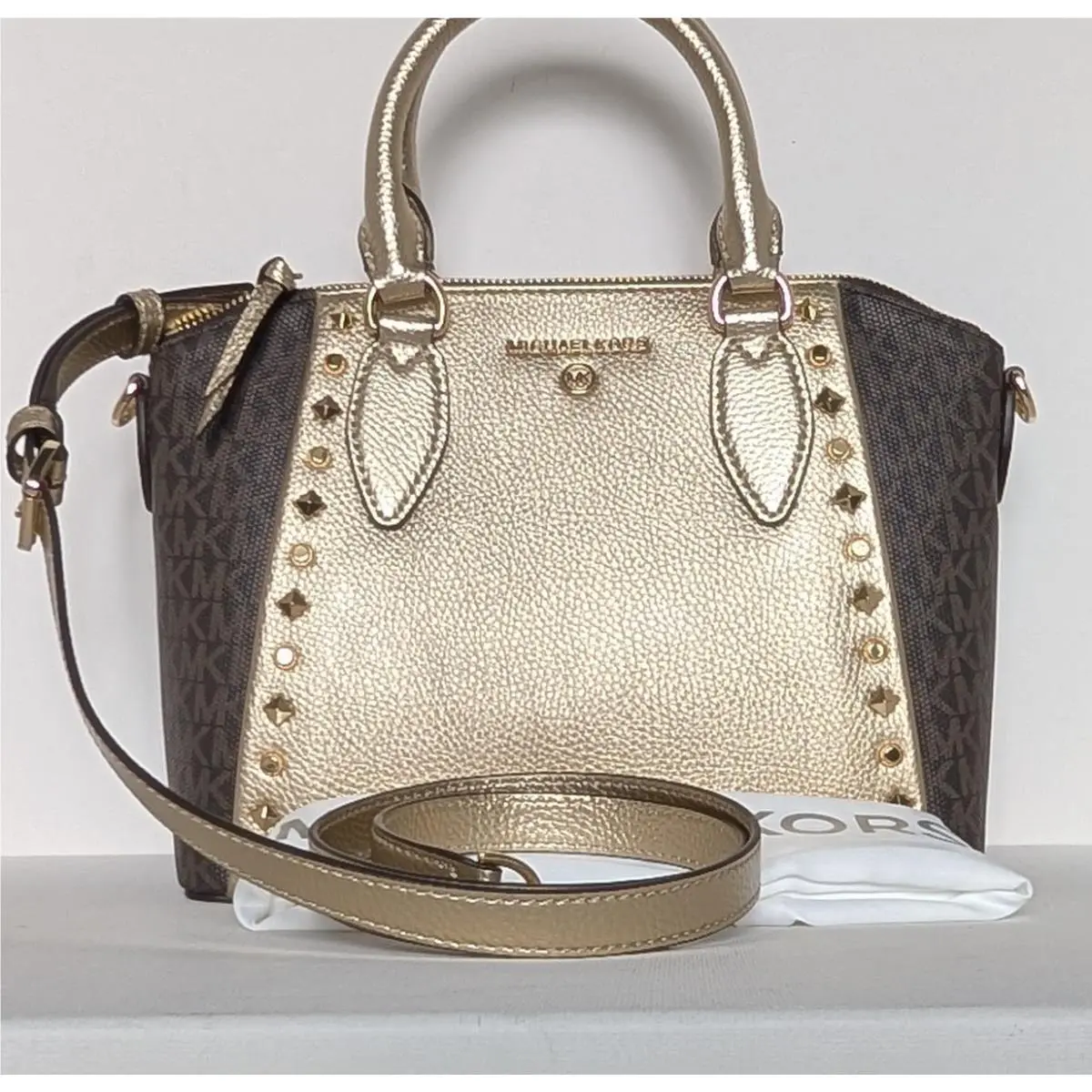 Michael Kors Sienna Satchel Messenger Bag Signature Logo Brown Gold Studs