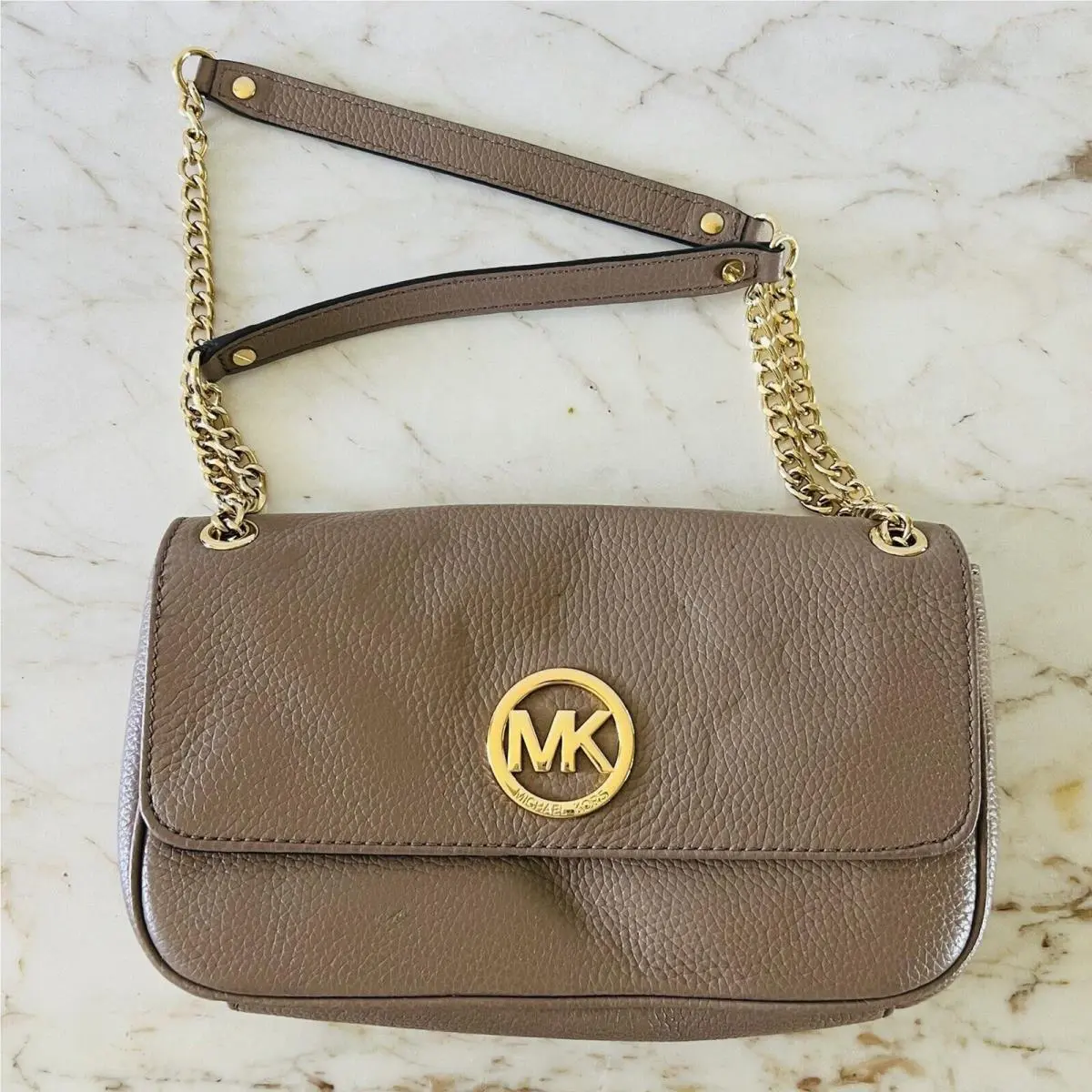 Michael Kors Fulton Dark Dune Leather Small Shoulder Flap Chain Bag