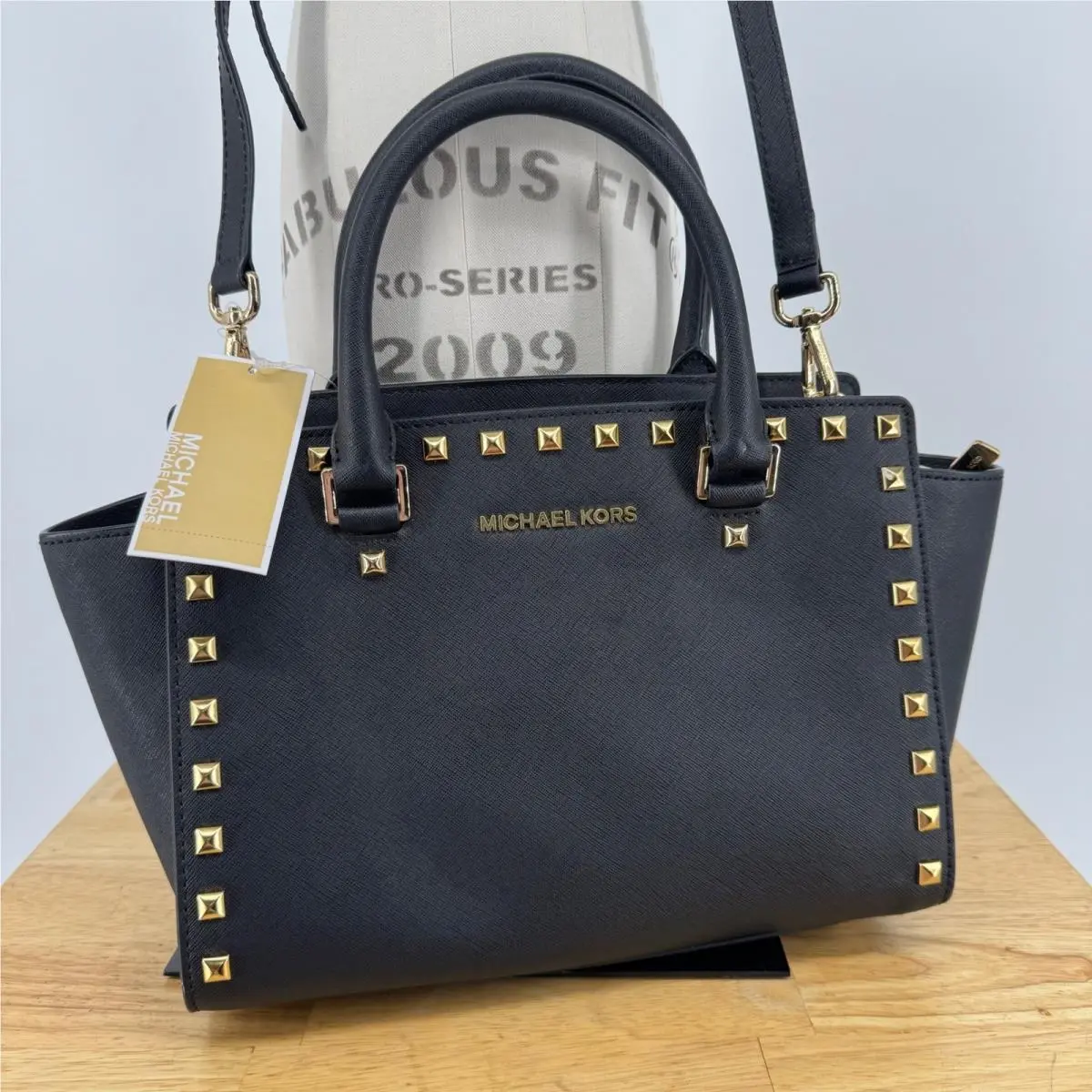 Michael Kors Selma Gold Studded Medium Satchel Black Saffiano Leather Bag
