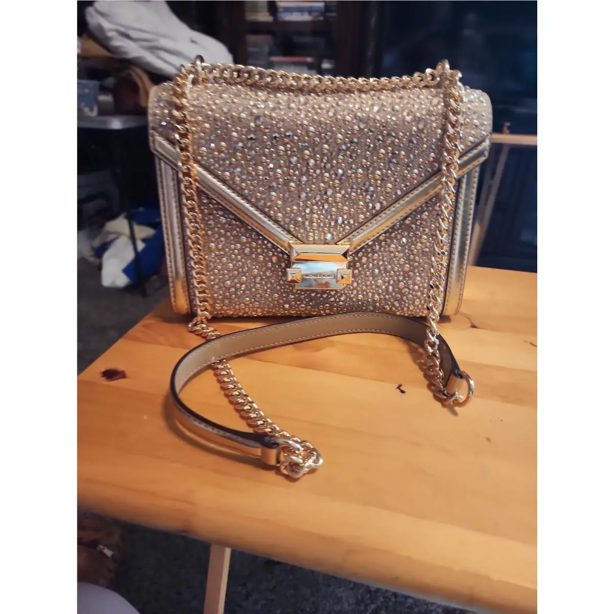 Michael Kors Studded Pale Gold Metallic Shoulder Bag with Gold Chain Strap