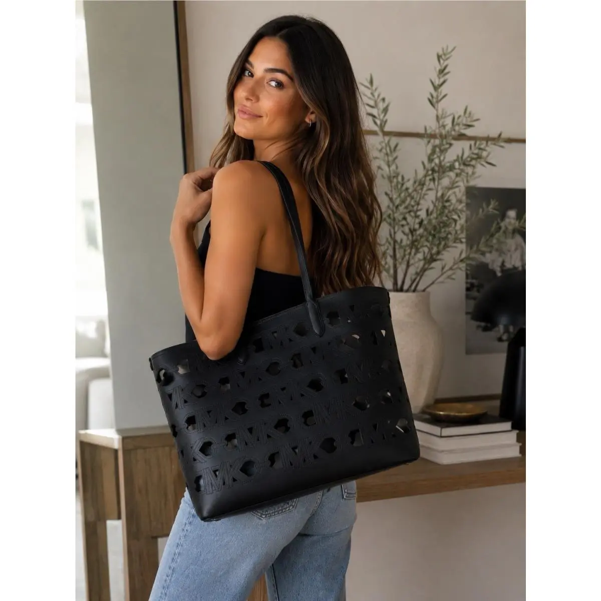 Eliza Large EW Open Tote Black Cutout Logo Bag by Michael Kors