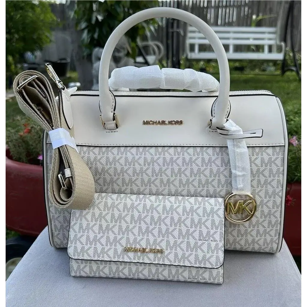 Michael Kors Travel Medium Duffle Satchel Bag Shoulder Wallet Light Cream White