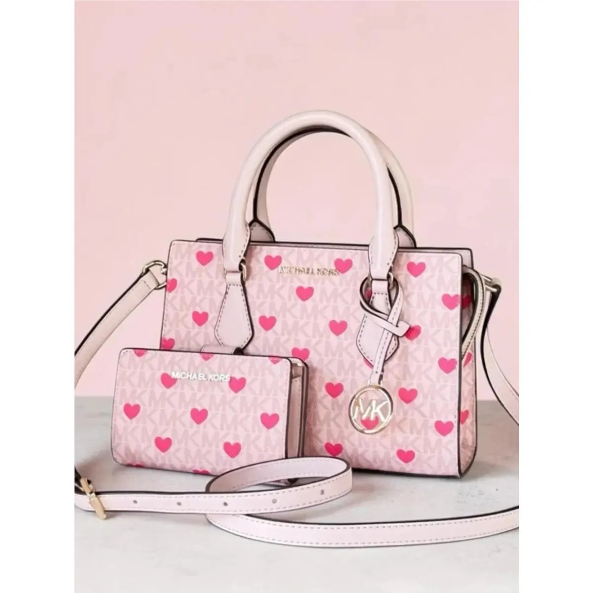 Michael Kors Sheila Crossbody Bag Heart Print Satchel Wallet Set Powder Blush