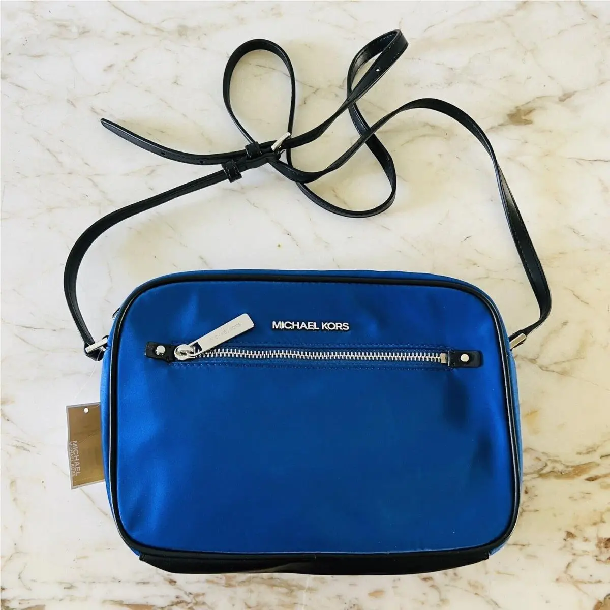 Michael Kors Polly Electric Blue Nylon East West Zip Chain Crossbody Bag