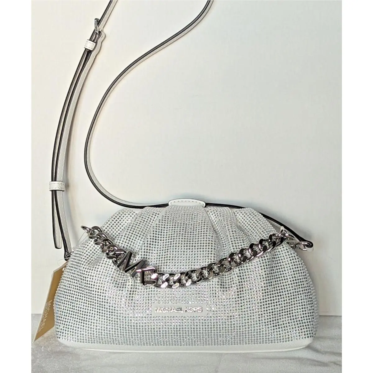 Michael Kors Nola White Denim Crystal Chain Clutch Crossbody Small