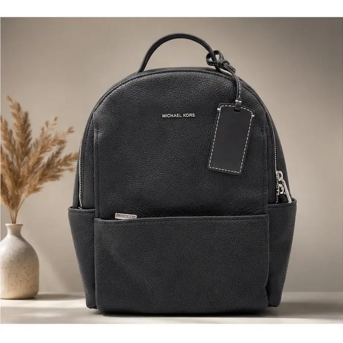 Michael Kors Black Pebbled Leather Backpack Silver Hardware Travel Bag Bookbag