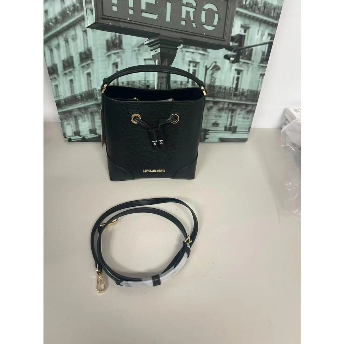 Michael Kors MK Mercer Small Bucket Bag 35R3GM9M1L Black Pebbled Leather Adjustable Crossbody