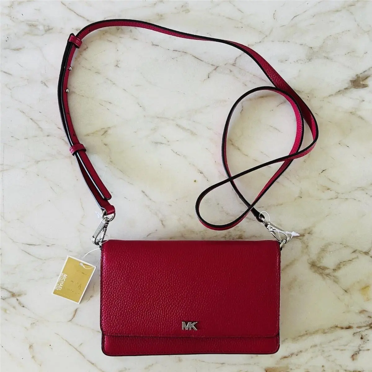 Michael Kors Mott Dark Raspberry Red Leather Phone Crossbody Bag