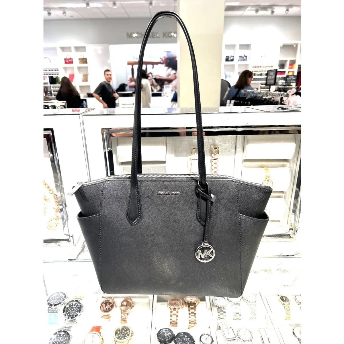 Michael Kors Marilyn Medium Large Shoulder Bag Black Leather Silver Handbag Lady