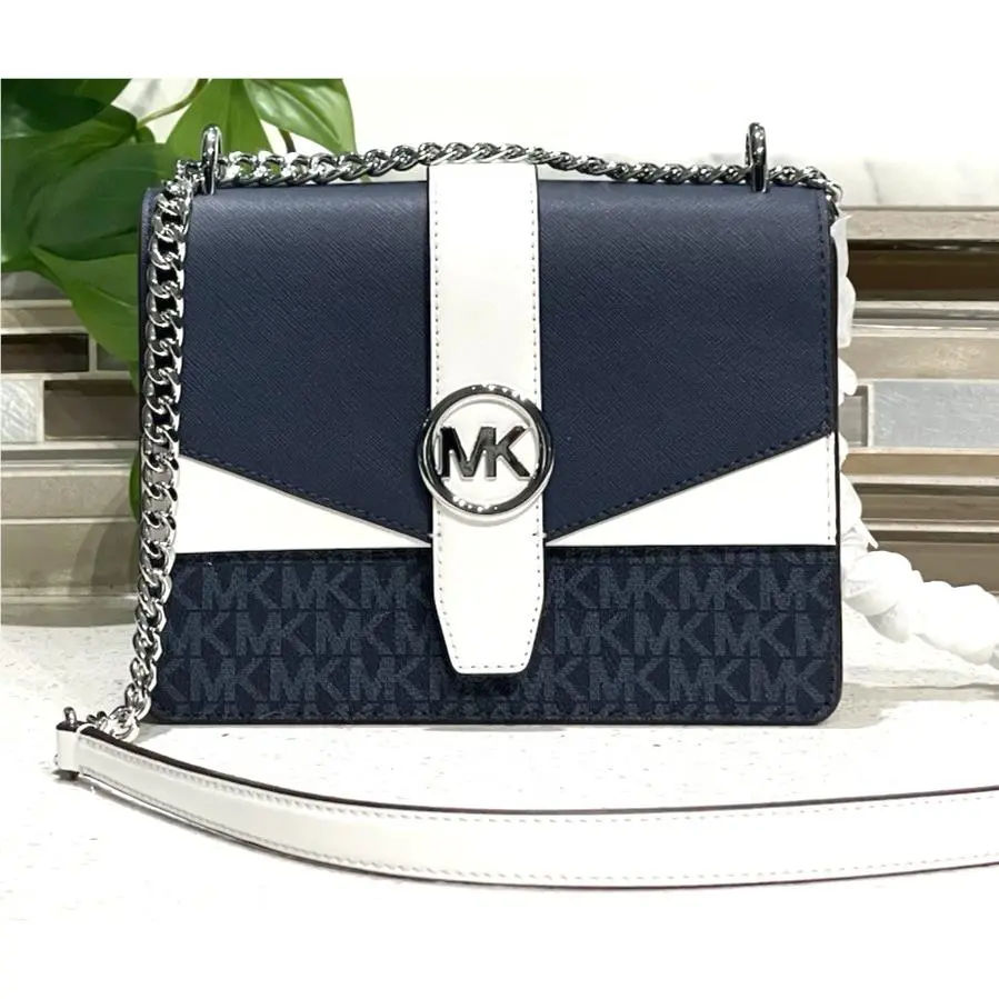 Michael Kors Greenwich Small Flap Crossbody Navy Blue White MK Chain Bag Admiral