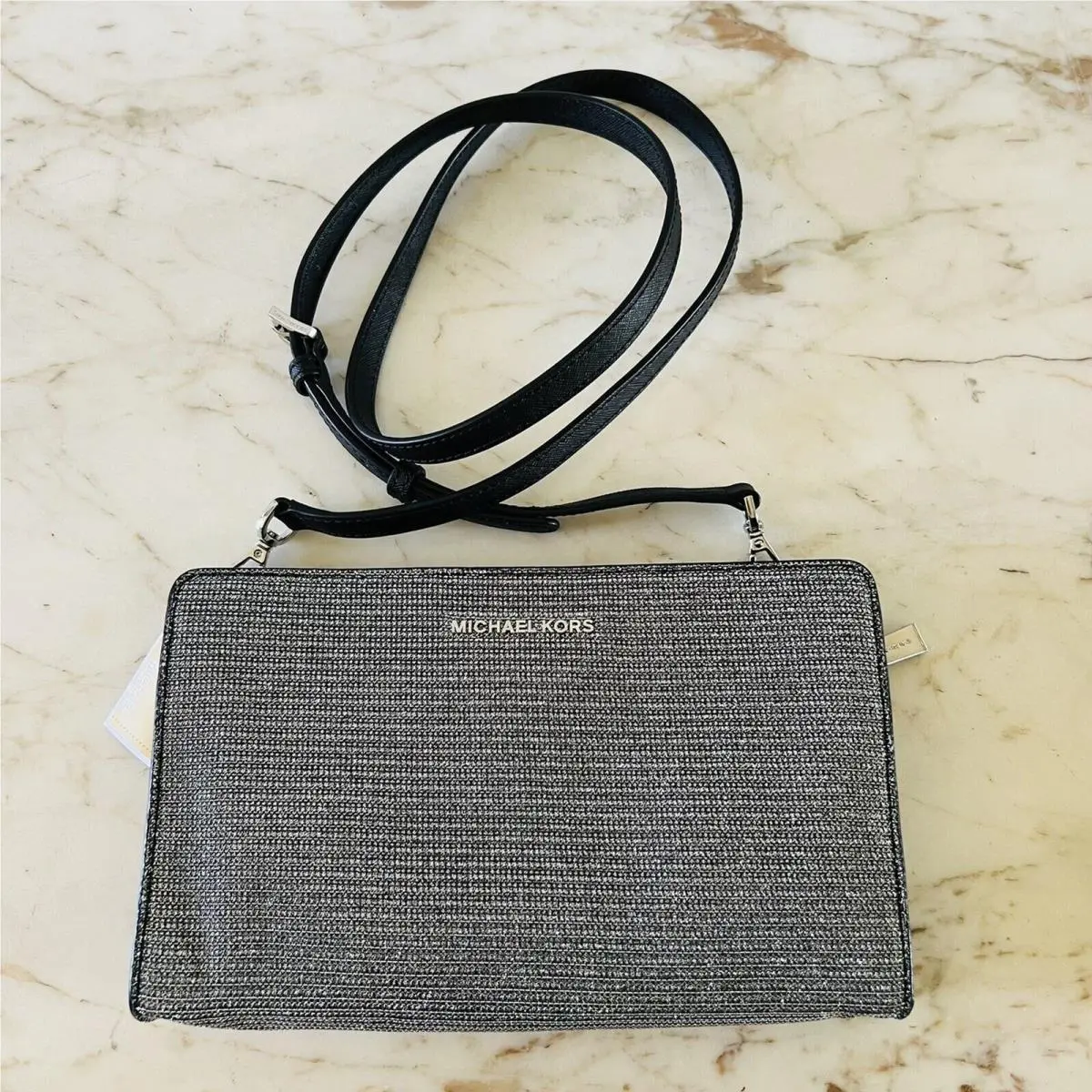 Michael Kors Black Metallic Silver Fabric Crossbody Clutch Bag