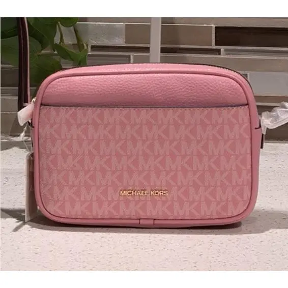 Michael Kors Jet Set Small Zip Crossbody Camera Bag Shoulder Pink MK Logo Gold