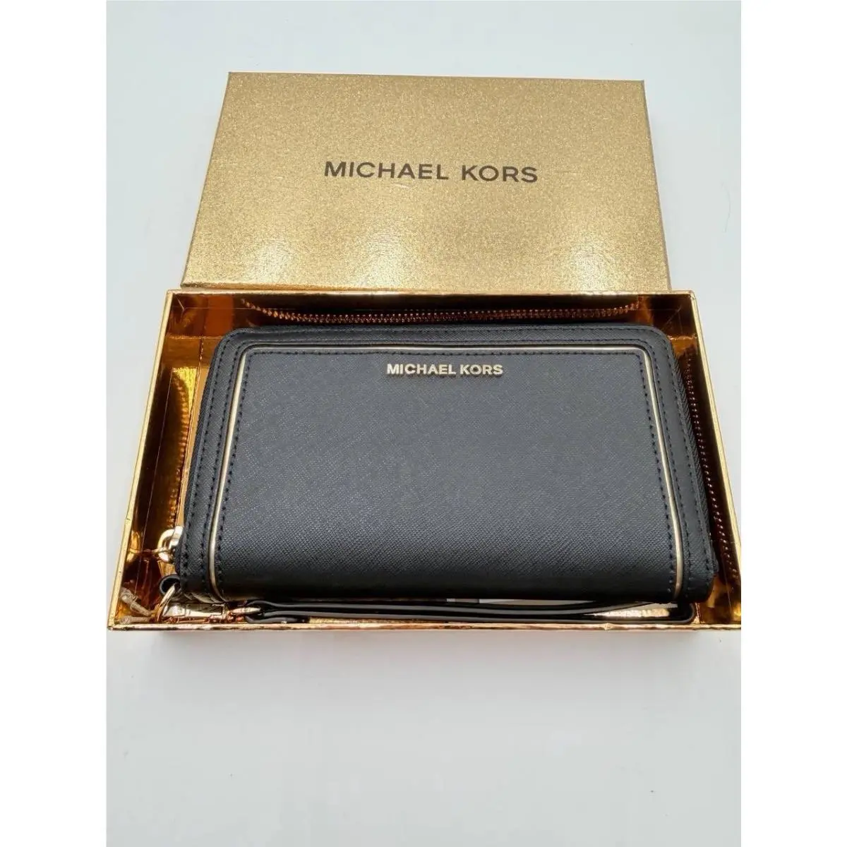 Michael Kors Black Zip Around Wallet Saffiano Leather Gold Tone Gift Box