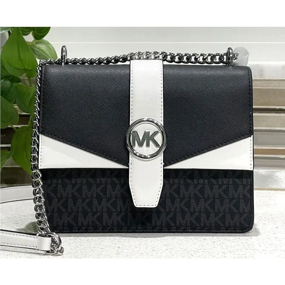 Michael Kors Greenwich Small Flap Crossbody MK Chain Bag Tote Black White Logo