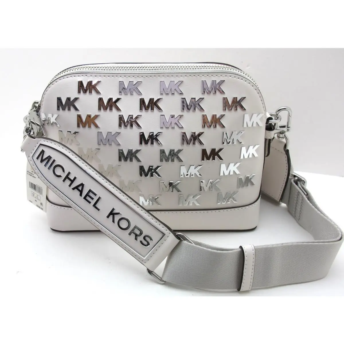 Michael Kors Jet Set Charm LG Dome Silver MK Logo Crossbody Optic White