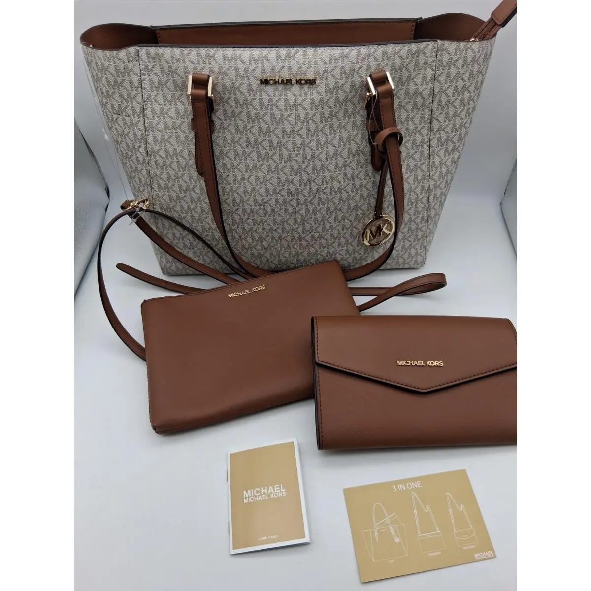 Michael Kors Charlotte Large 3 in 1 Zip Tote Vanilla Travel w/2 Crossbody