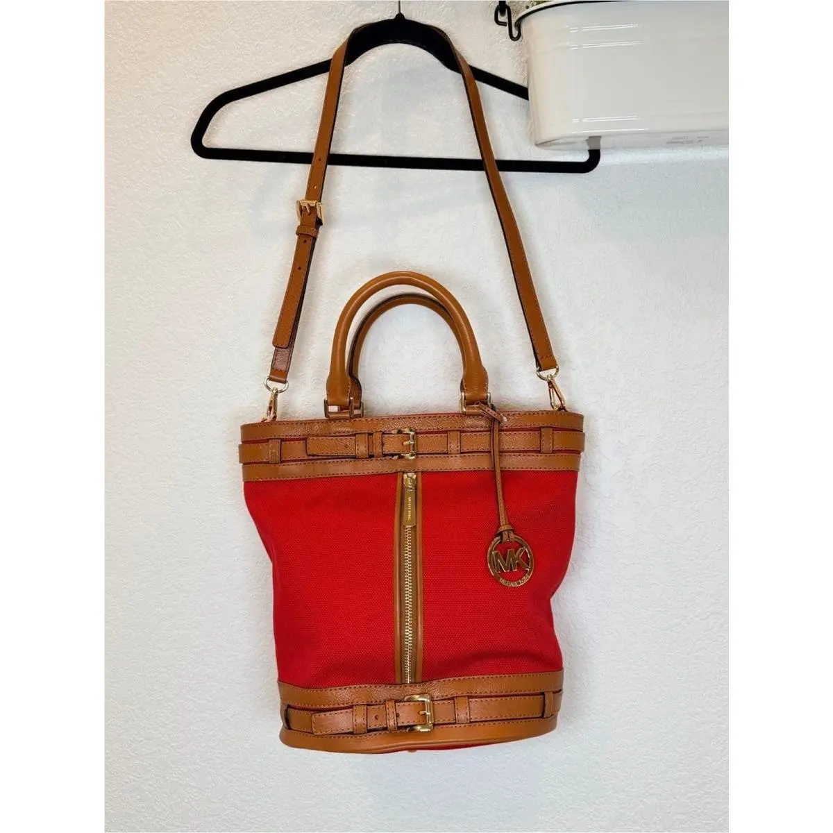 Michael Kors Kingsbury Canvas Bucket Tote in Red