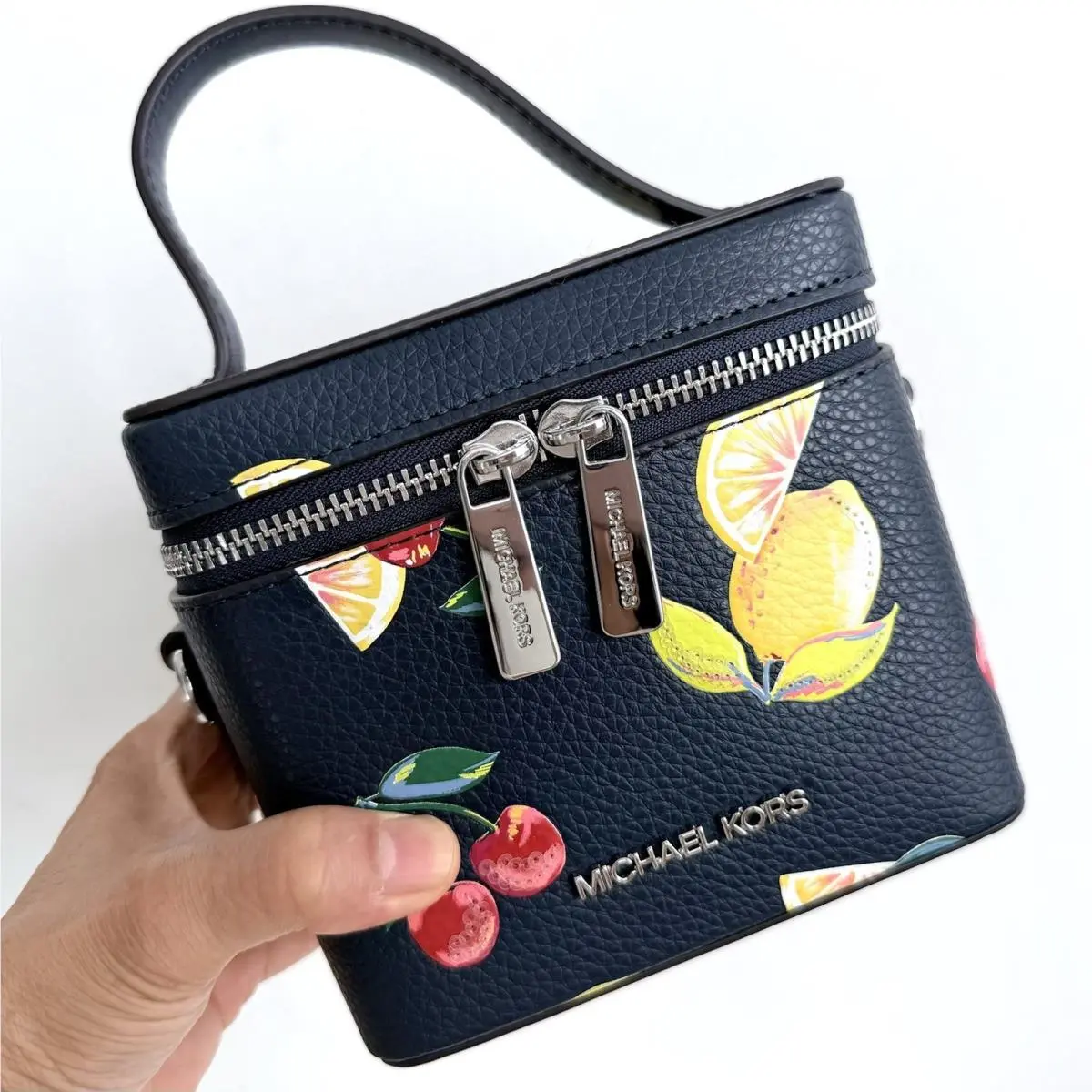Michael Kors Sandrine Small Box Fruit Print Crossbody Purse Navy