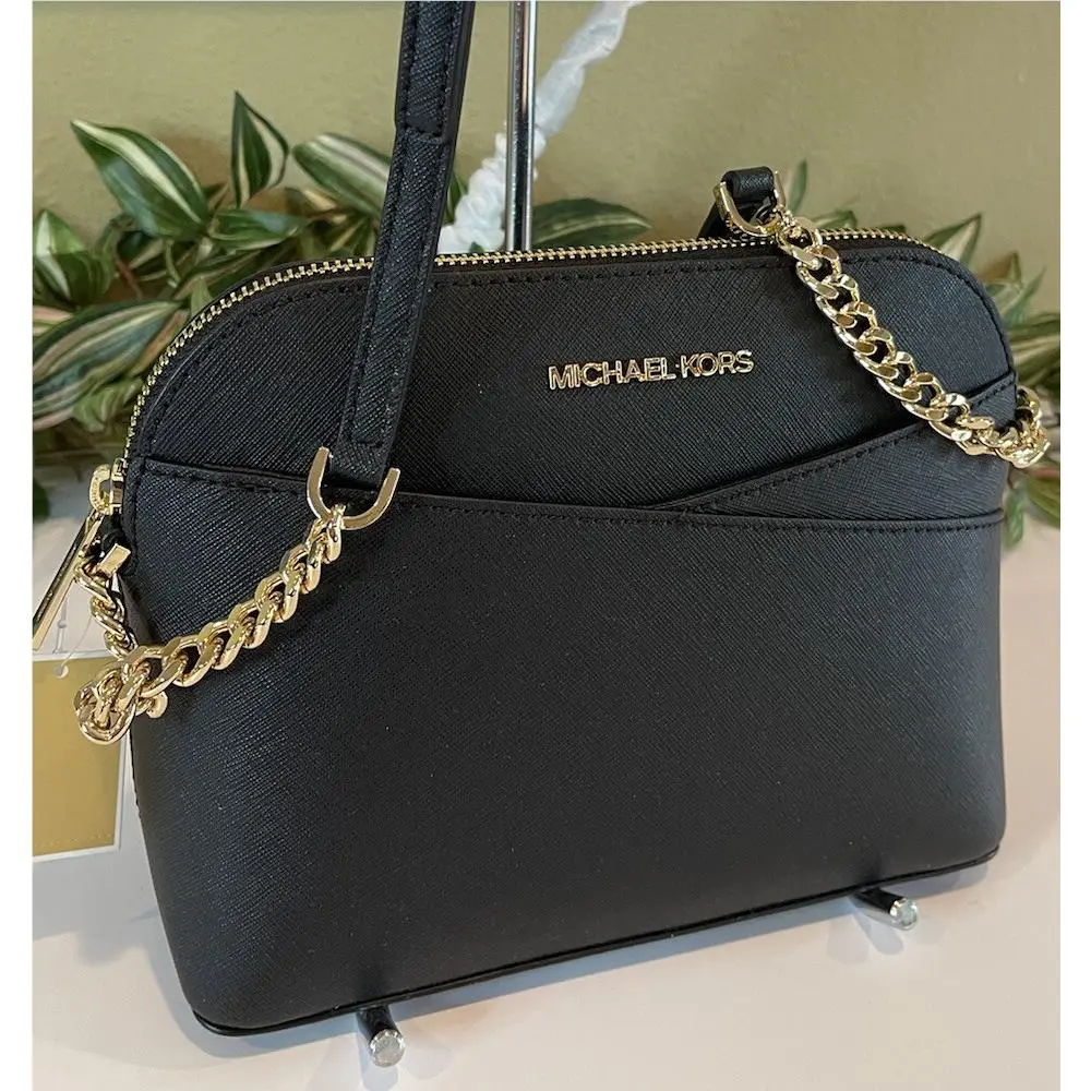 Michael Kors Jet Set Travel Medium Dome Chain Crossbody Bag Black Leather Gold
