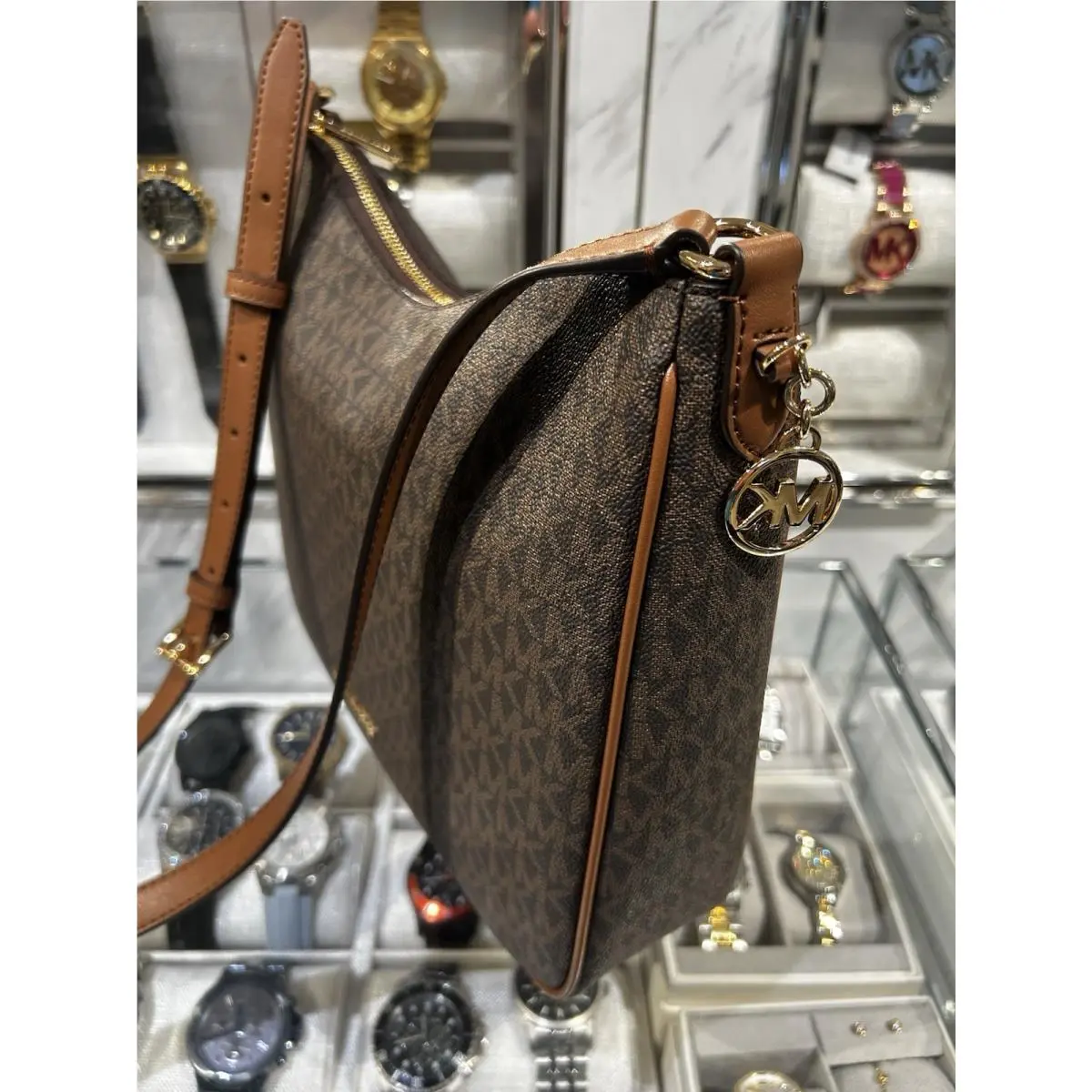 Michael Kors Nayla Medium Zip Messenger Crossbody Bag Tote Purse MK Brown Gold